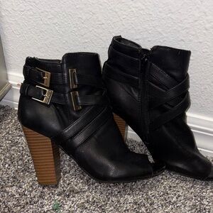 G by Guess Black Heeled Boots with Buckle Accents
